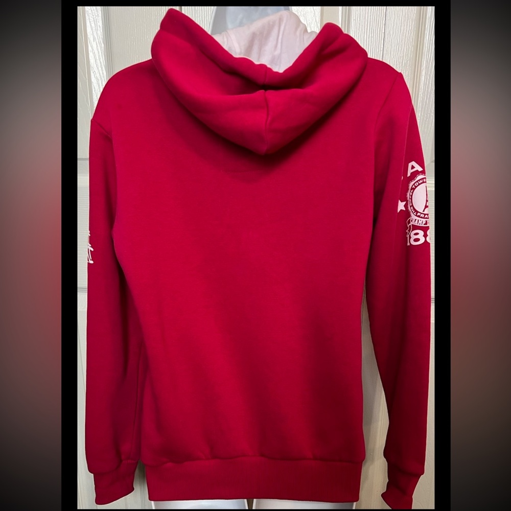 PARIS PRODUCT ORIGINAL Sweatshirt Hoodie Red White Full Zip Pouch Pockets - Picture 5 of 9